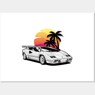 White Countach Sunset Miami Posters and Art